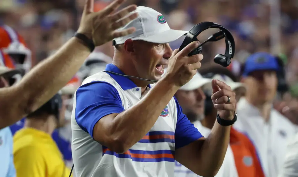 Florida head coach Jon Sumrall yells during the Florida Atlantic...