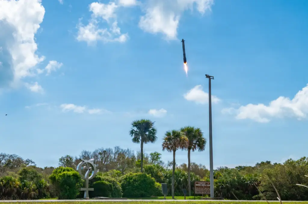A SpaceX Falcon Heavy booster that launched from Kennedy Space...