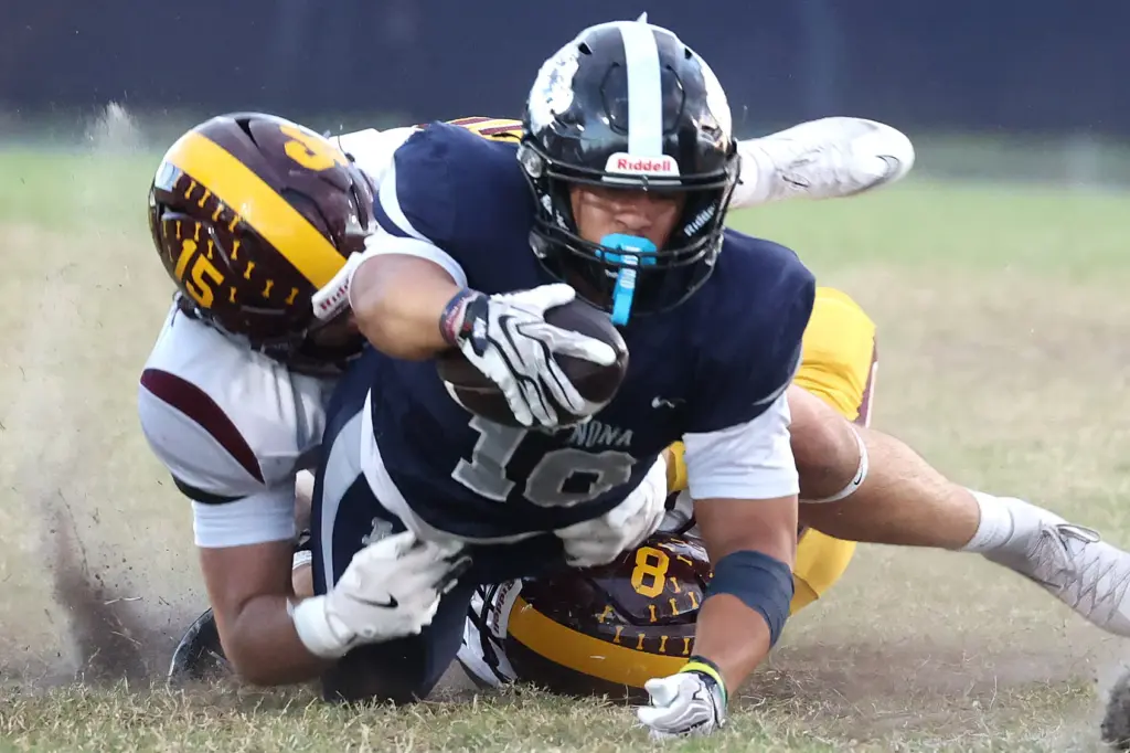 Lake Nona running back Noah Green (10) lunges for extra...