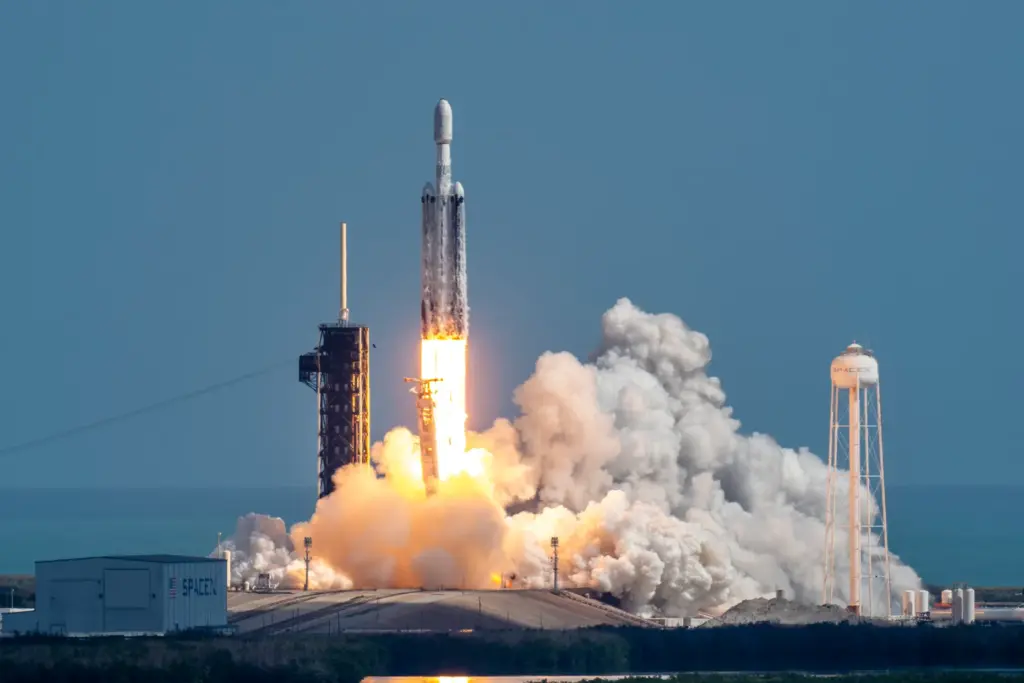 A SpaceX Falcon Heavy rocket on the ViaSat-3 F3 mission...