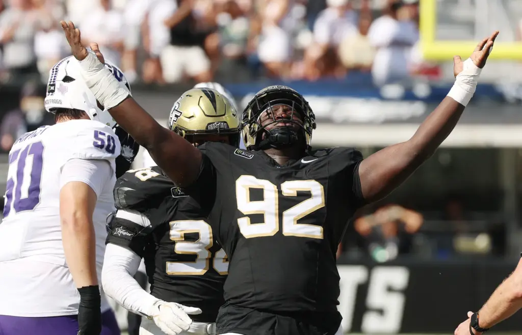 UCF defensive tackle Jeffson Lafontant celebrates during the TCU at...