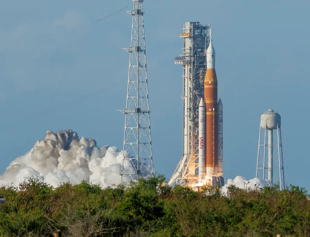 The Space Launch System rocket topped with the Orion capsule...