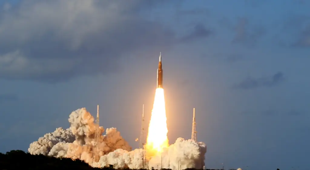 The Space Launch System rocket topped with the Orion capsule...
