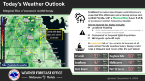 Marginal chances for excessive rainfall and temperatures in the 90s