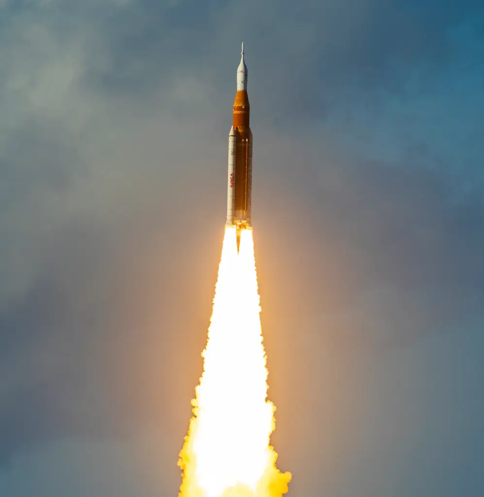 The Space Launch System rocket topped with the Orion capsule...