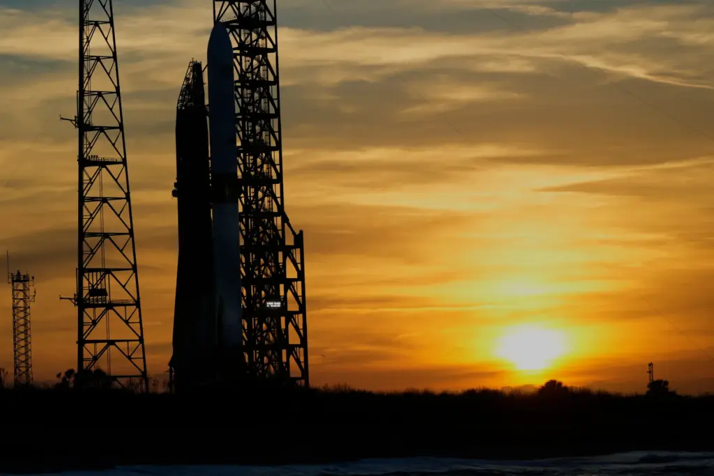 The Blue Origin New Glenn rocket stands ready for launch...
