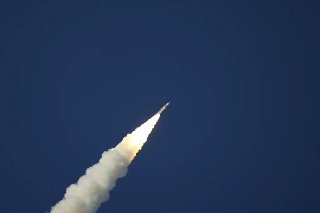 The Space Launch System rocket topped with the Orion capsule...
