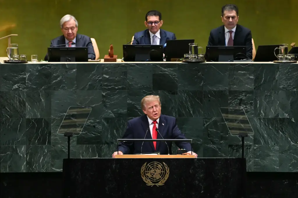 President Donald Trump speaks during the United Nations General Assembly...