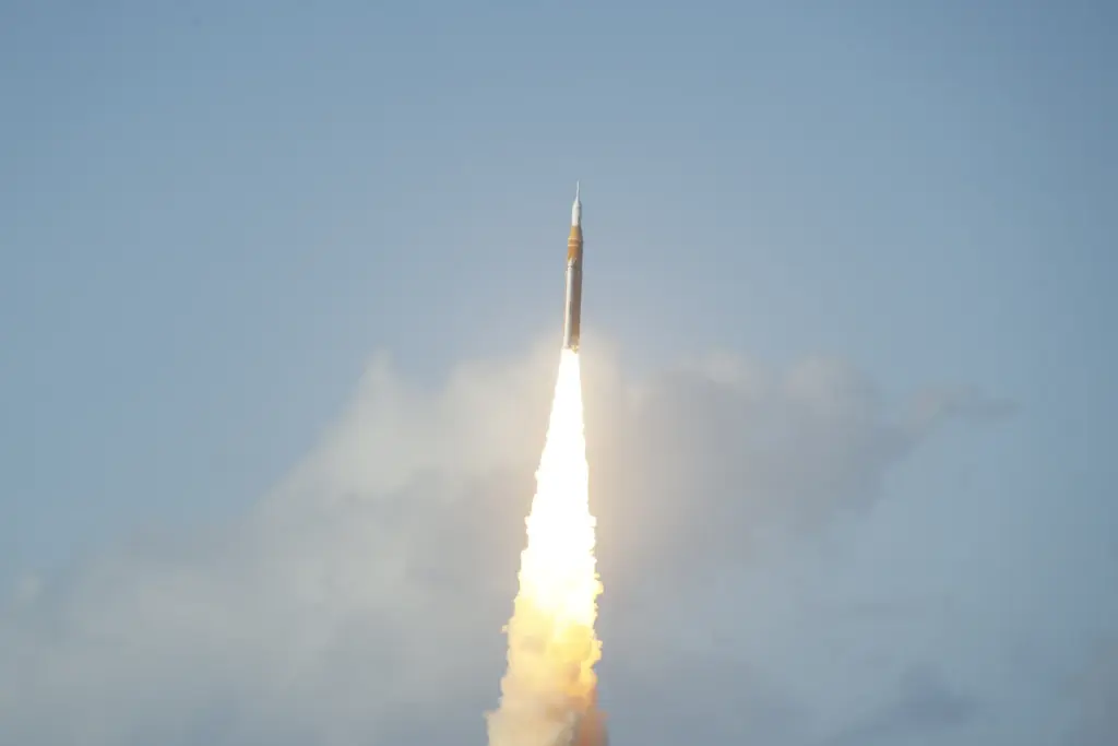 The Space Launch System rocket topped with the Orion capsule...
