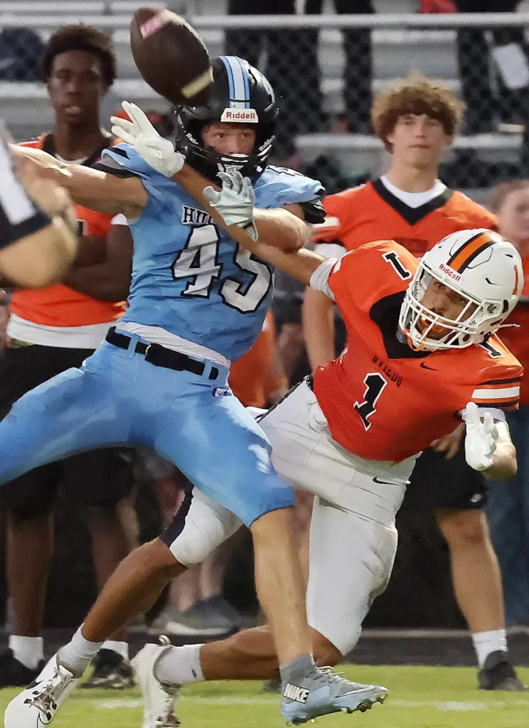 Hagerty player Colton Hatfield (45) knocks a pass away from...