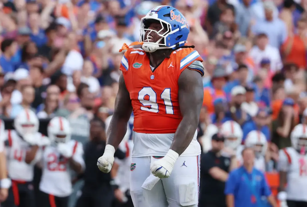 Florida defensive lineman Jeremiah McCloud celebrates during the Campbell University...
