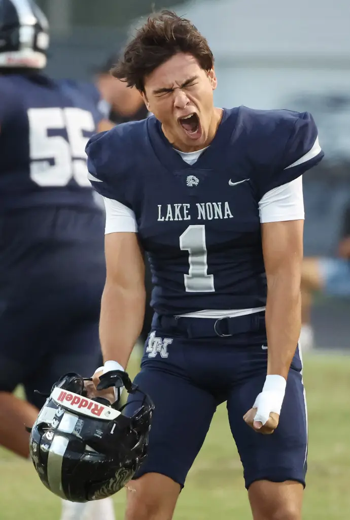 Lake Nona player Nollan Vasconcelos screams in celebration during the...