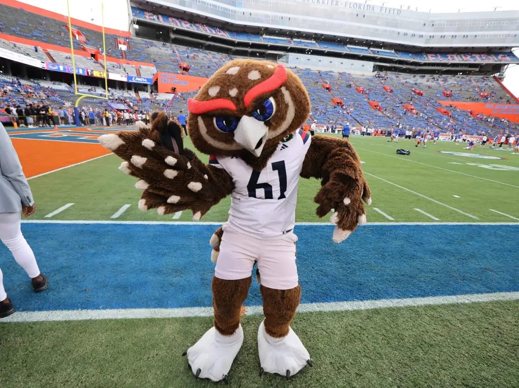 The FAU mascot dances on the sidelines before the Florida...