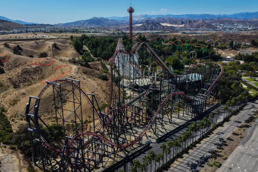 This aerial view shows the X2 roller coaster at Six...