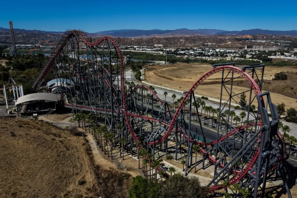 This aerial view shows the X2 roller coaster at Six...
