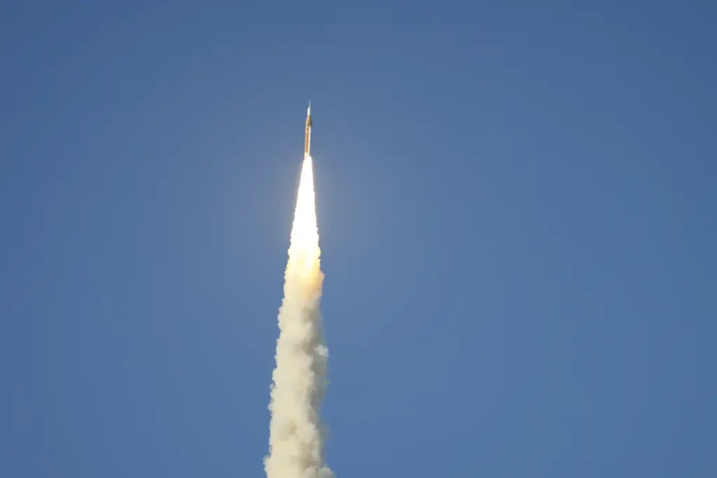 The Space Launch System rocket topped with the Orion capsule...