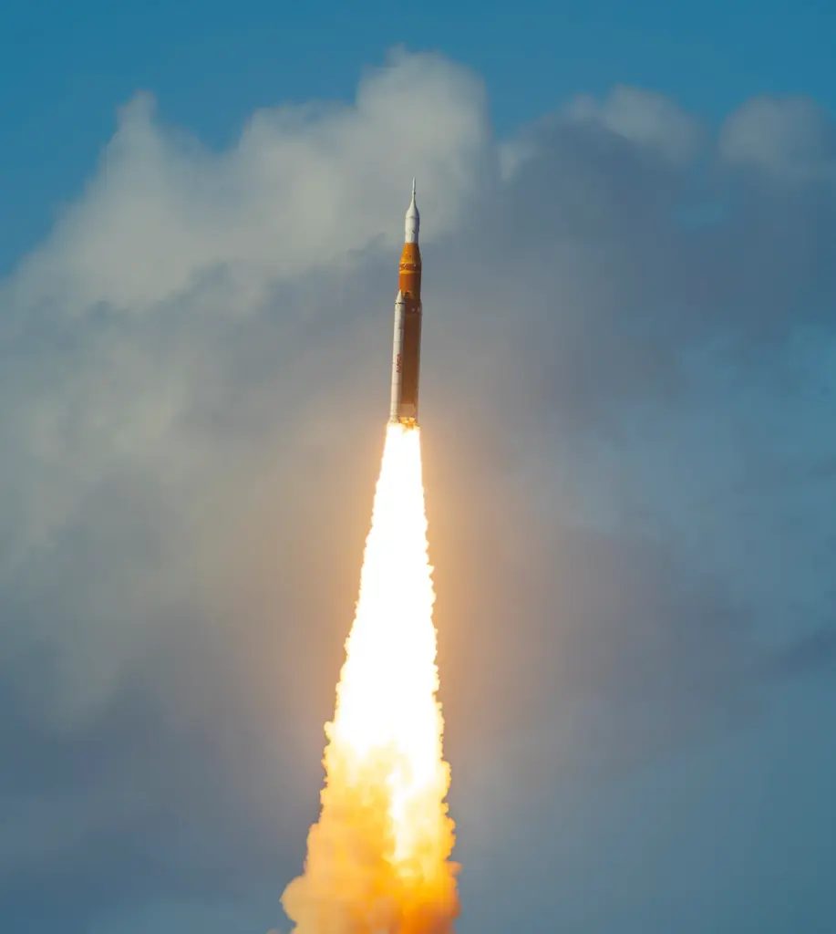 The Space Launch System rocket topped with the Orion capsule...