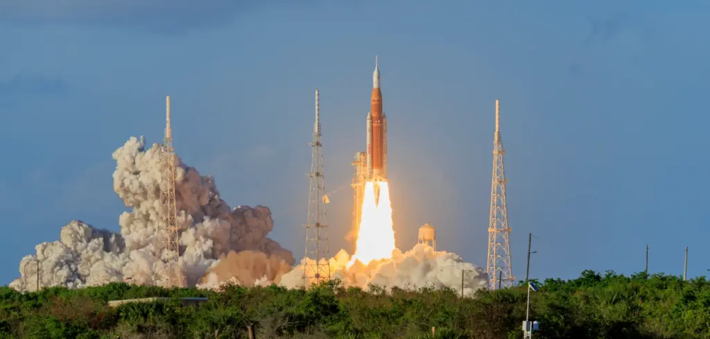 The Space Launch System rocket topped with the Orion capsule...