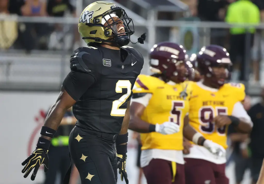 UCF defensive back Jayden Williams screams in celebration after an...