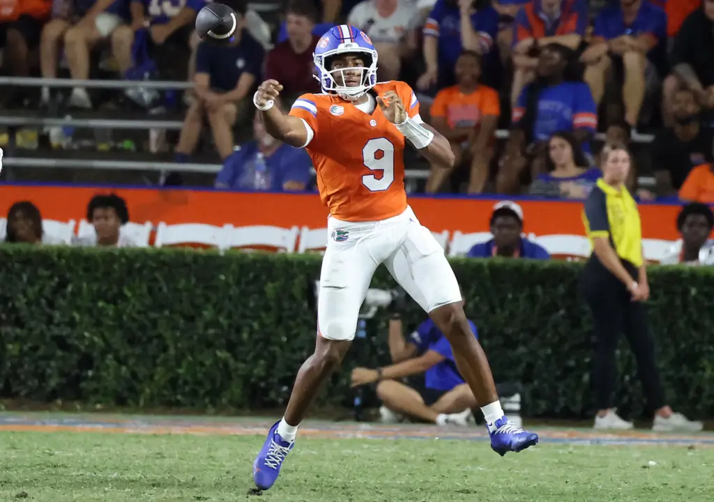 Florida quarterback Tramell Jones Jr. throws during the Campbell University...
