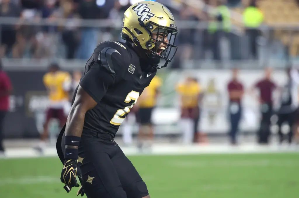 UCF defensive back Jayden Williams screams in celebration after an...