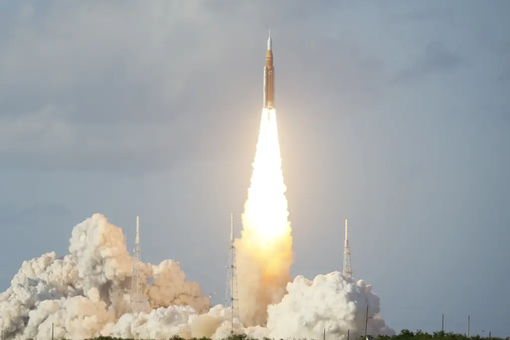 The Space Launch System rocket topped with the Orion capsule...