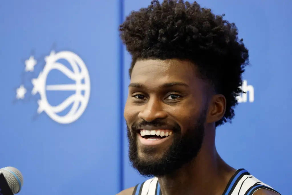 Orlando Magic Forward Jonathan Isaac (1) speaks during the teamâs...