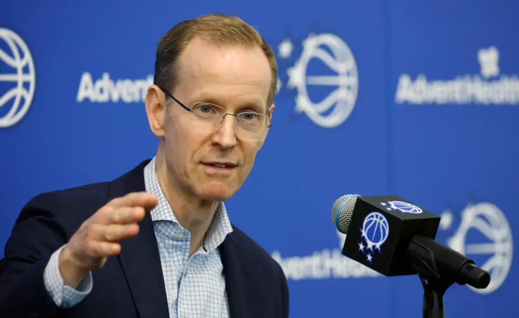President of Basketball Operations Jeff Weltman speaks during the Orlando...