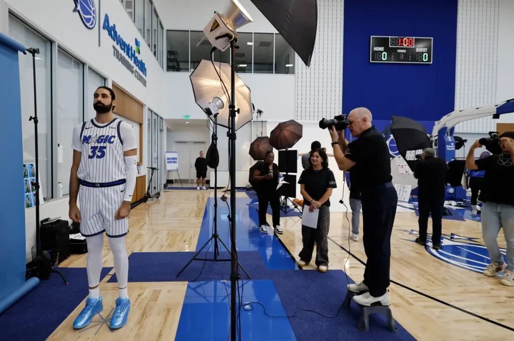 Orlando Magic Center-Forward Goga Bitadze (35) poses for Gary Bassing...