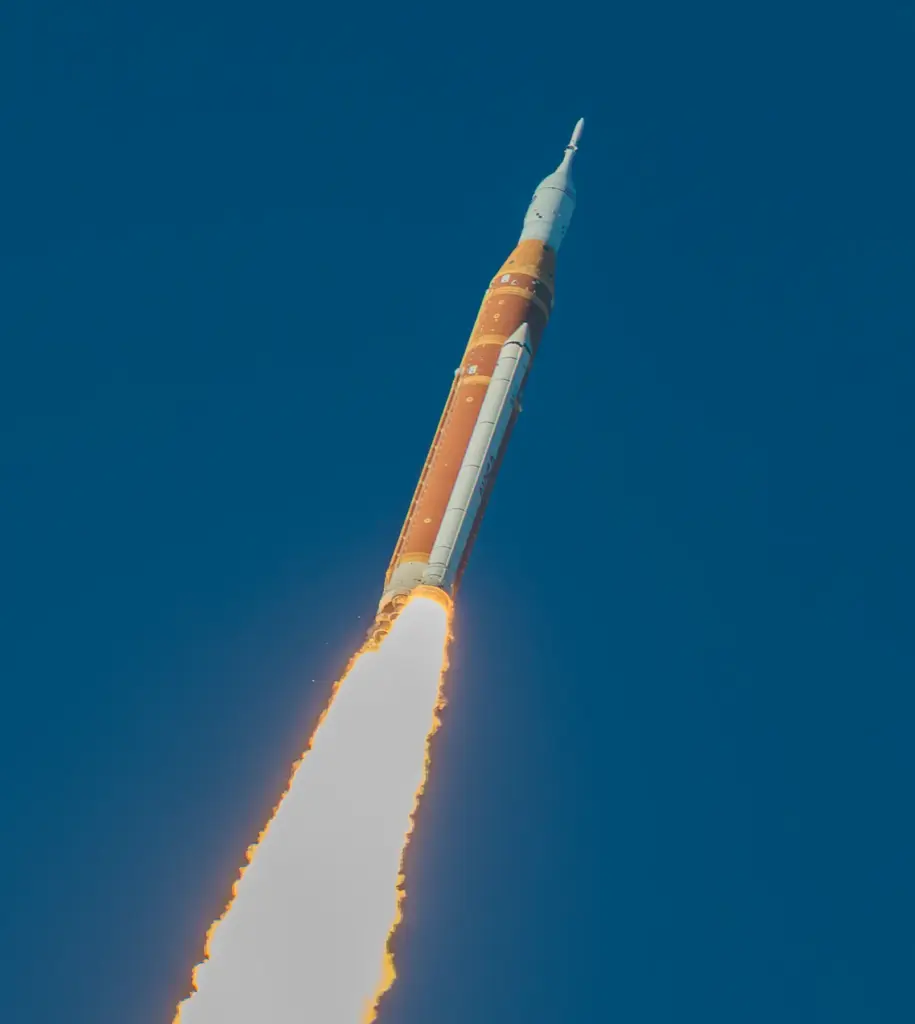 The Space Launch System rocket topped with the Orion capsule...