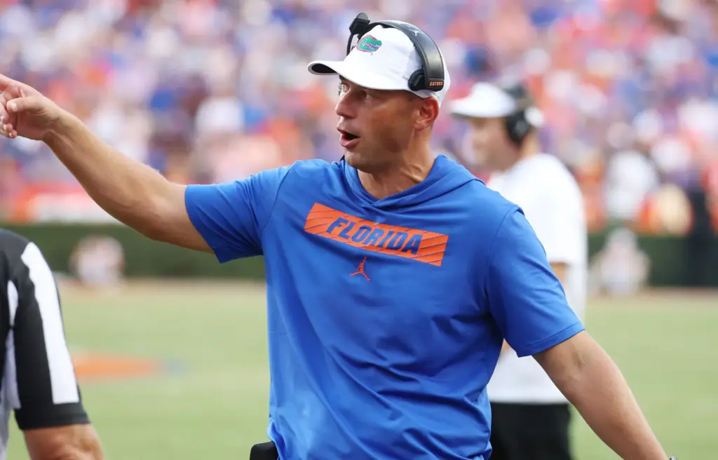 Florida head coach Jon Sumrall celebrates during the Campbell University...