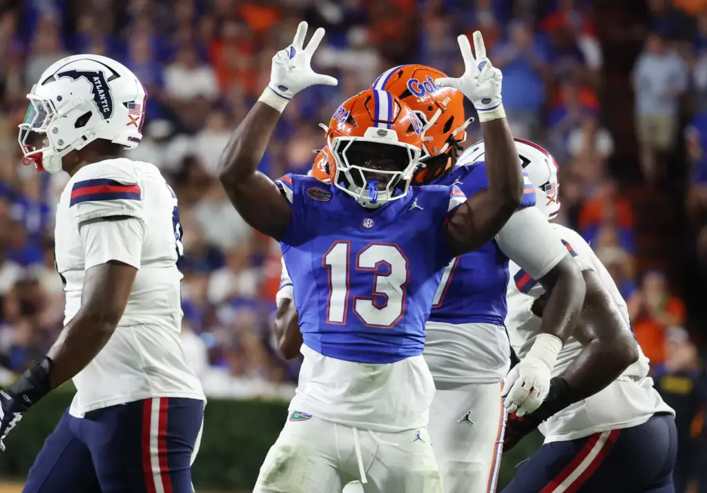 Florida running back Jadan Baugh celebrates during the Florida Atlantic...