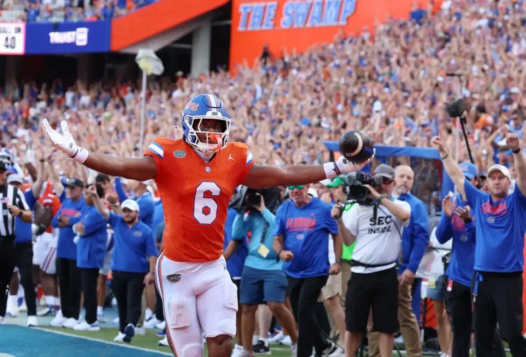 Florida receiver Dallas Wilson scores a touchdown during the Gators' 52-3 win against Campbell University Saturday night at Ben Hill Griffin Stadium in Gainesville. (Stephen M. Dowell/Orlando Sentinel)