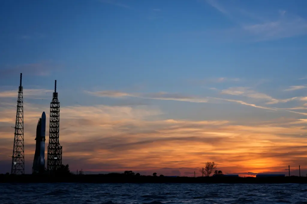The Blue Origin New Glenn rocket stands ready for launch...