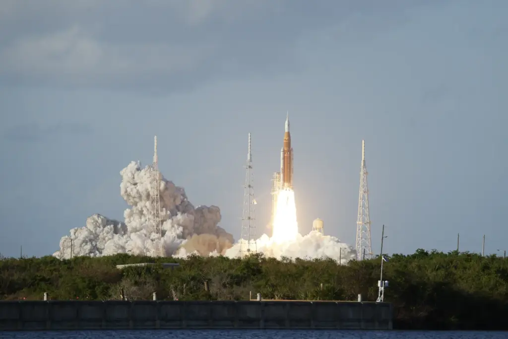 The Space Launch System rocket topped with the Orion capsule...