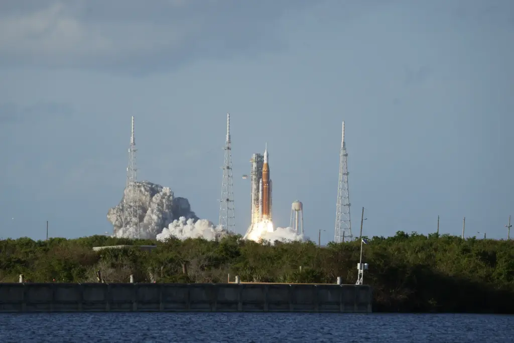 The Space Launch System rocket topped with the Orion capsule...