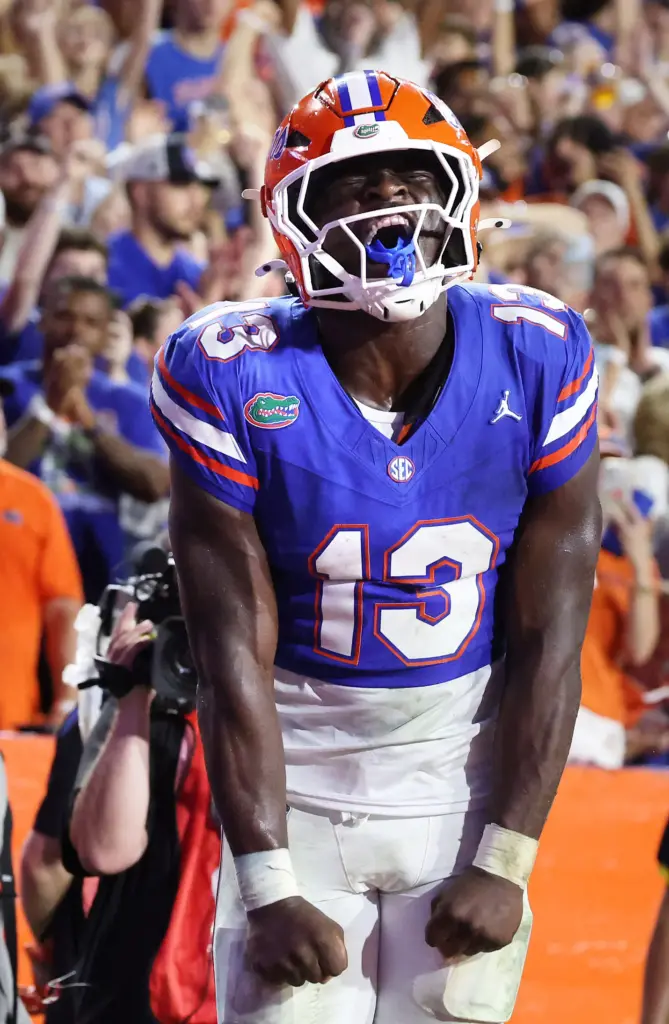 Florida running back Jadan Baugh screams in celebration after a...