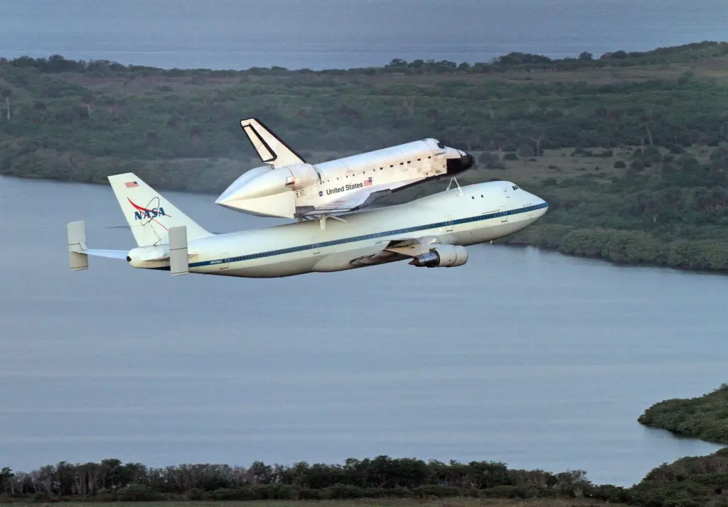 A modified 747 jumbo jet carrying Space Shuttle Endeavour piggyback...