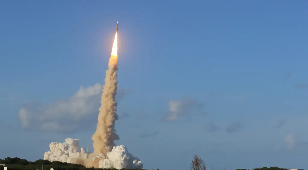 The Space Launch System rocket topped with the Orion capsule...