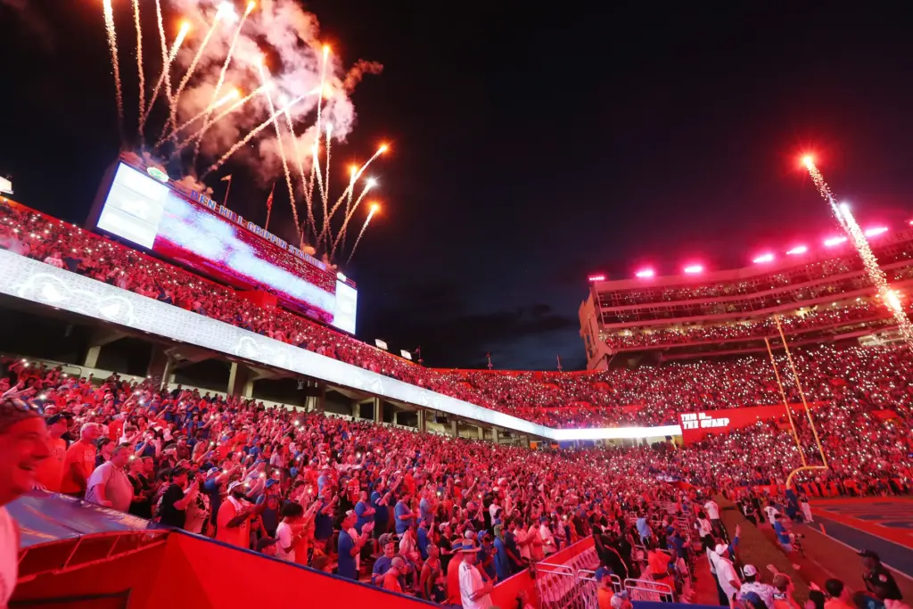 Fireworks explode during the Campbell University at University of Florida...