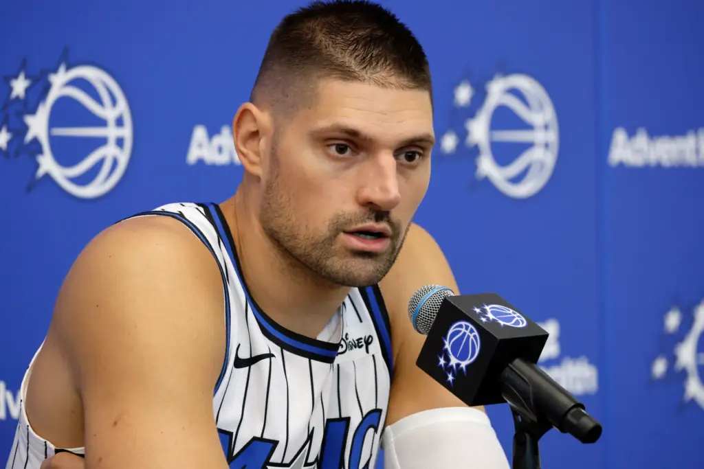 Orlando Magic Center Nikola VuÄeviÄ (9) speaks during the teamâs...