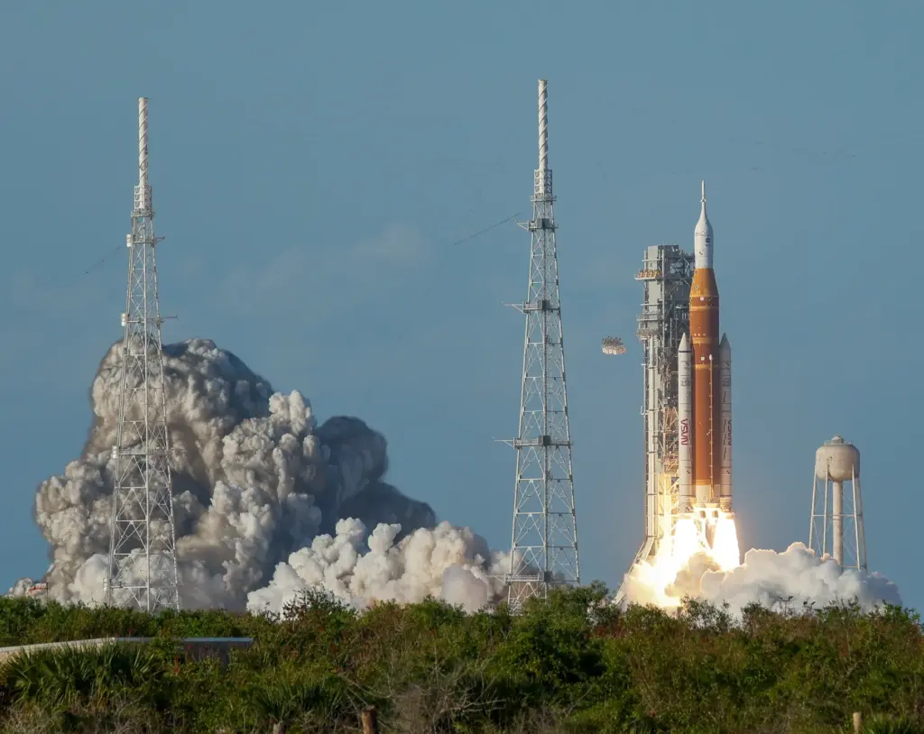 The Space Launch System rocket topped with the Orion capsule...