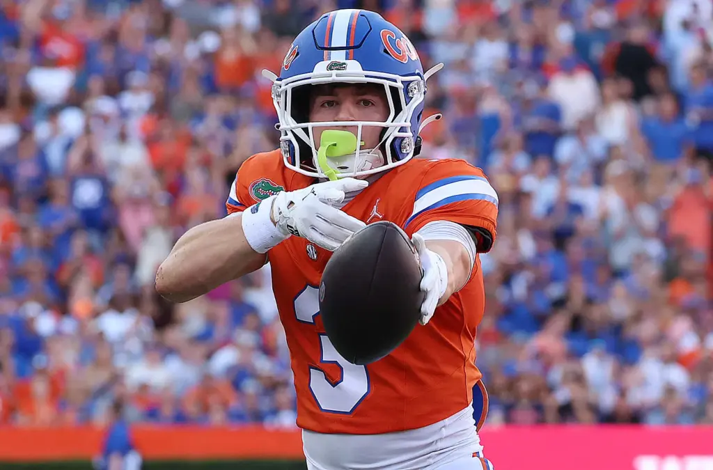 Florida receiver Bailey Stockton celebrates during the Campbell University at...