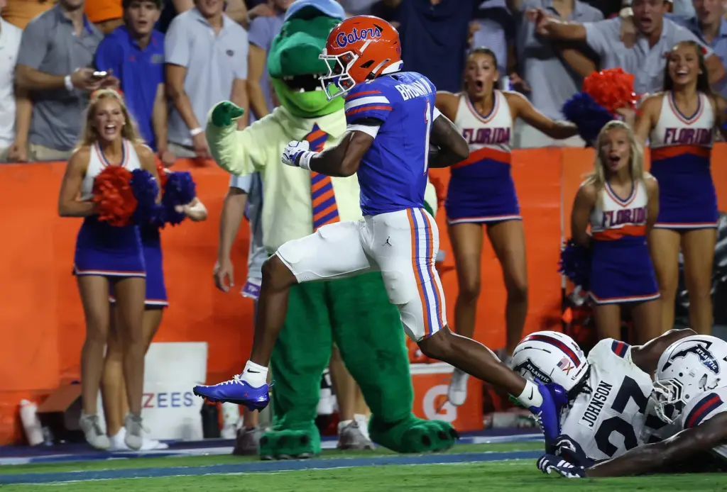 Florida wide receiver Vernell Brown III leaps into the endzone...