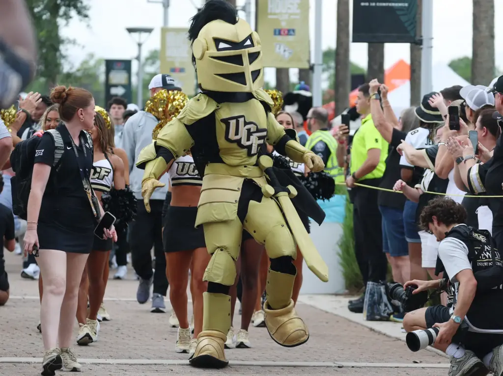 UCF mascot Knightro interacts with fans before the Bethune-Cookman at...