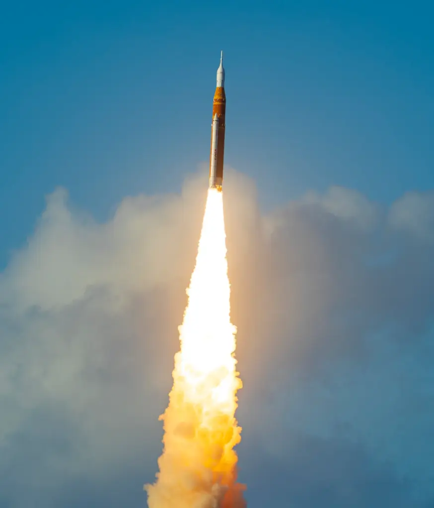 The Space Launch System rocket topped with the Orion capsule...