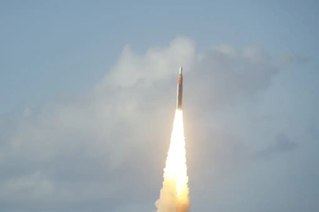 The Space Launch System rocket topped with the Orion capsule...