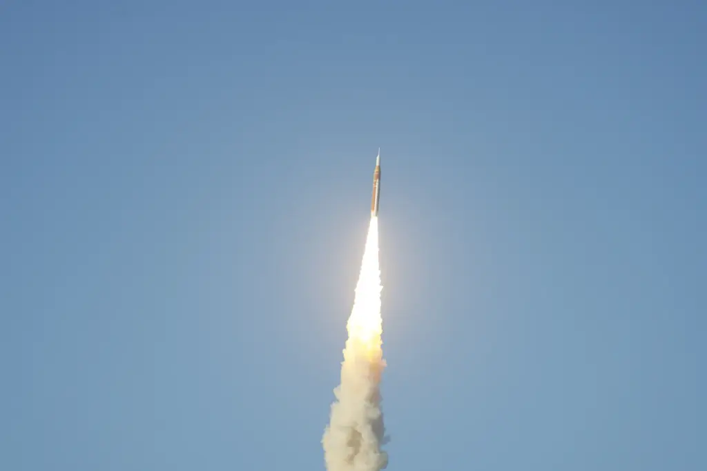 The Space Launch System rocket topped with the Orion capsule...