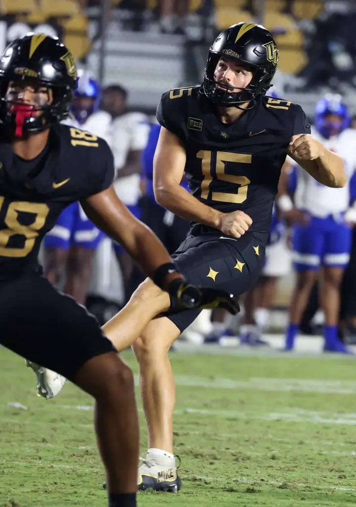 UCF Kicker Will Stone kicks a field goal during the...
