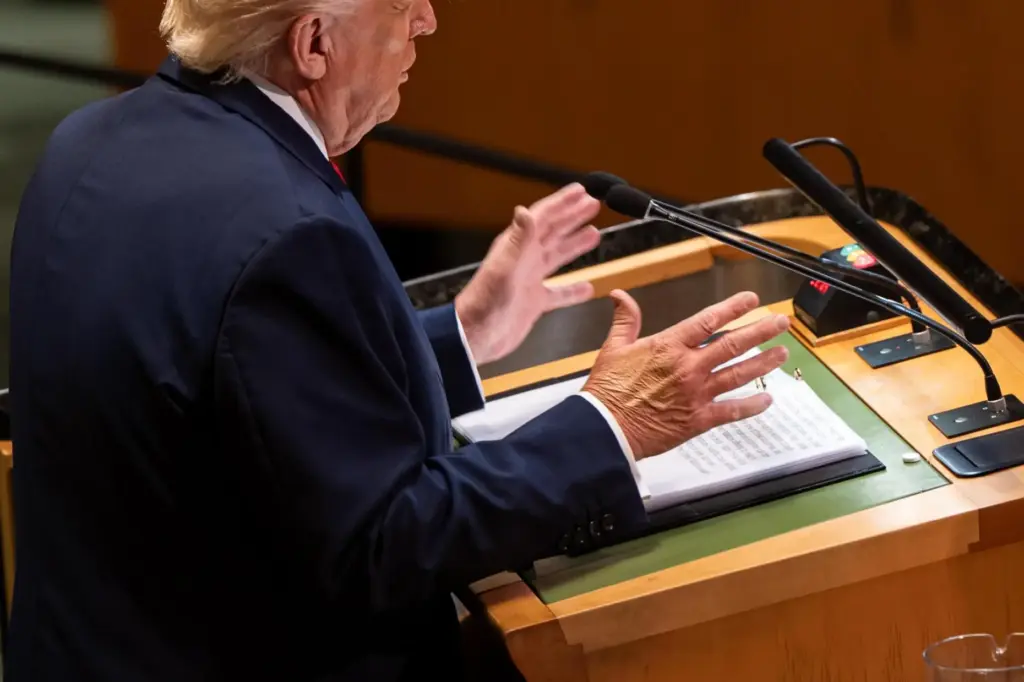 President Donald Trump gestures as he addresses the 80th session of the United Nations General Assembly.